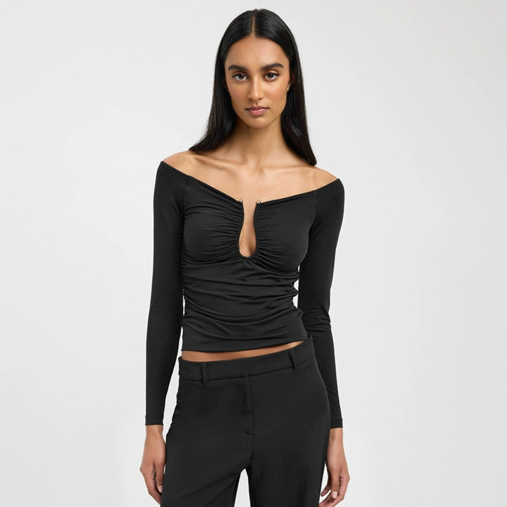 Zara Fall Solid Off Shoulder Teardrop Neck Long Sleeve Tee Top